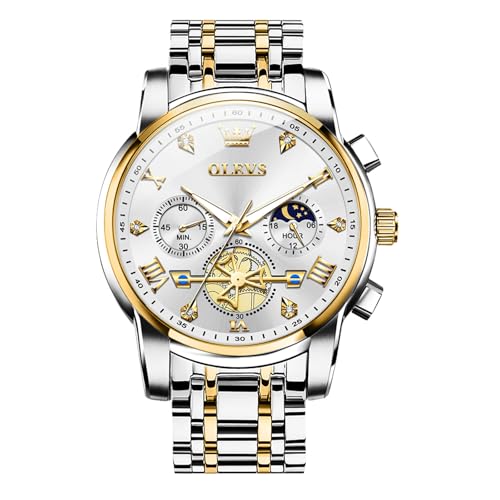 Image of OLEVS Men Watches Stainless Steel Chronograph Watch, Large Wrist Analog Quartz Watch, Fashion Waterproof Diamond Roman Numerals Dress Watches for Men, Gold /Black /White /Blue /Grey Dial