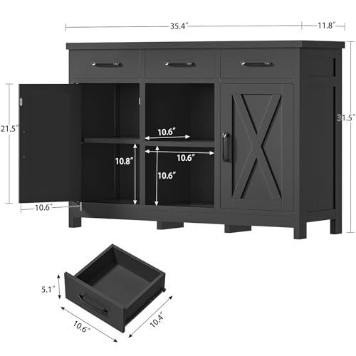 Image of TEENFON Coffee Bar Cabinet with 3 Drawers, Farmhouse Buffet Cabinet | Kitchen Buffet Sideboard Cabinet with 2 Adjustable Shelves & 2 Doors, for Kitchen Room, Dining Room, Living Room, Black