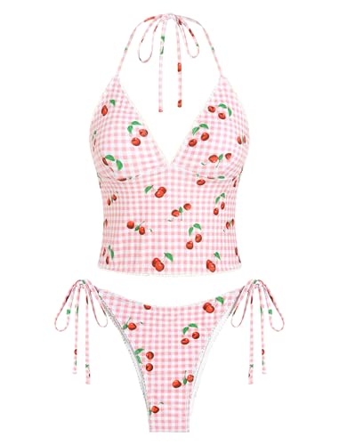 Image of ZAFUL Women's Halter V Neck Plaid Tummy Control Tankini Swimsuits | Plaid Floral Print, Self Tie Back Strap, Tummy Control Tank Top, Tie Side Cheeky Bikini Bottom, 2 Piece Bathing Suit