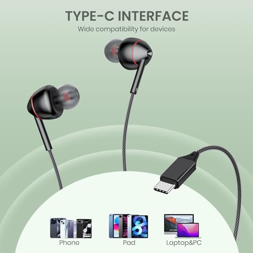 Image of USB-C Wired Earbuds with Microphone, Volume Control, Noise Canceling, Compatible with Samsung Galaxy S24 S23 S22, iPhone 17 16 15 Pro Pro max, Pixel Phones
