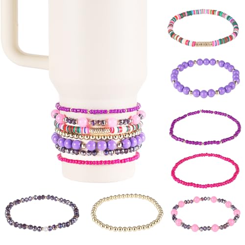 7pcs Bracelets for Stanley Cup, Different Design Bracelet Stack Delicate Beads Charm Bracelet Decoration, Accessories for Tumbler 40oz 30oz & 3in Diameter Cups (Purple)