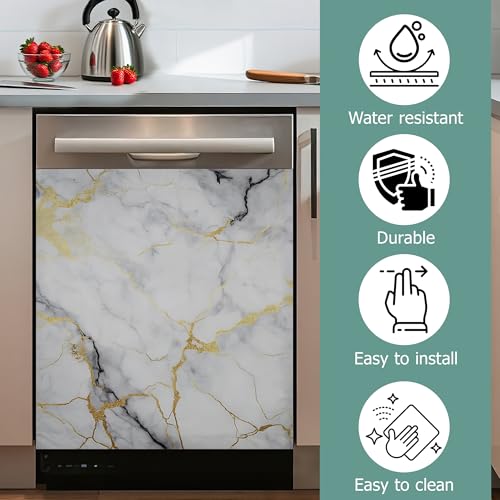 Image of Dishwasher Cover,White Grey Mable Reusable Dishwasher Magnet Cover,Decorative Gold Texture Magnetic Refrigerator Cover Front Panel Cover for Kitchen Decor 23x26 Inch