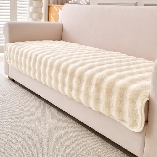 Image of HOKIPO 'FurHug' Luxury Faux Rabbit Fur Anti Slip 3 Seater Sofa Mat, Beige (AR-5015-CRM*1)