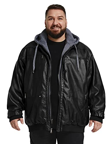 wantdo Men's Big and Tall PU Faux Leather Jacket Zip-Up Motorcycle Bomer Jacket Casual Winter Coat with Removable Hood3