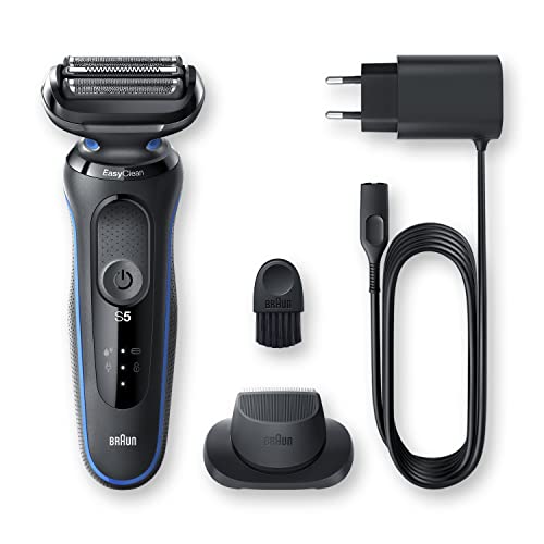 Braun Series 5 Electric Shaver, with Precision Trimmer Attachment for Moustache & Sideburns Trimming, 100% Waterproof, 2 Pin Bathroom Plug, 50-B1200s, Blue Razor
