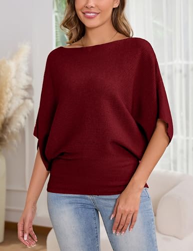 Image of MAKARTHY Womens Batwing Sleeves Knitted Dolman Pullovers Boat Neck Tops Sweatershirts