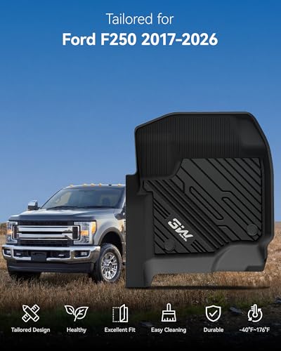 Image of 3W Floor Mats Fit for Ford F250 F350 F450 F550 2017-2025 2026 Super Duty Crew Cab with Under Seat Storage, All Weather TPE Custom Fit F 250 Floor Liner(Not for Vinyl Floor), Front Row,2-pc Black