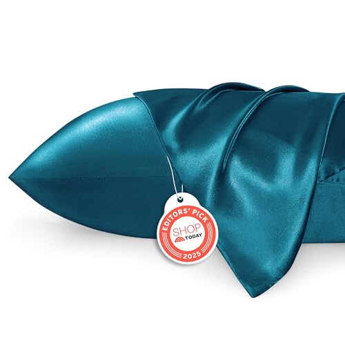 Image of Bedsure King Size Satin Pillowcase Set of 2 - Teal Silky Pillow Cases for Hair and Skin with Envelope Closure, Similar to Silk Pillow Cases, Gifts for Women Men, 20x36 Inches, 2pcs