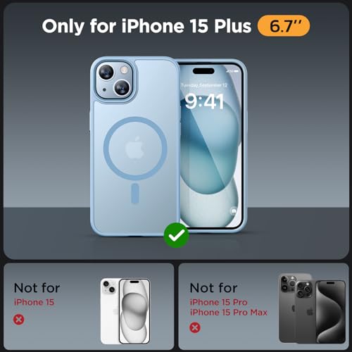 Image of Miracase Magnetic for iPhone 15 Plus Case 6.7 inch (Compatible with MagSafe)(with 2X Screen Protectors) Military-Grade Protection, Anti-Fingerprint Translucent Matte Phone Cover, Light Blue