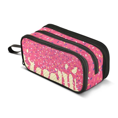 Image of Red Ice Cream Print Pencil Case Box Boys Girls Large Pencil Pouch Zipper Compartments Big Capacity Stationery Pen Bag Organizer for Kids Teens Adults School Office