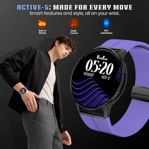 Image of PunnkFunnk Active 5 Smart Watch with 1.3 inch AMOLED HD Display | Bluetooth Calling, AI Voice Assistant, 100+ Sports Modes, Heart Rate & SPO₂ Tracking, IP68 Waterproof for Men & Women- (Purple)
