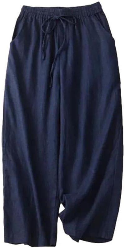 Women's Fashion High Waist Pants Cotton Solid Wide Leg Elastic Waist Ankle-Length Loose Casual Trousers