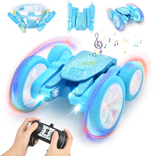 OMIRE Butterfly Remote Control Car for Boys Girls- Double Sided 360 Rotating Flips RC Stunt Car with 10 Lights Outdoor Toys Birthday Gifts for KidsMusic Remote Control Stunt Car Toys-Blue