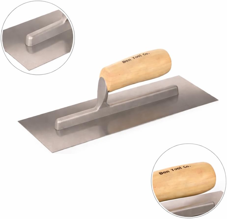 Bon Steel Concrete Finishing Trowel – 12 in. x 4 in. Carbon Steel Blade with Wood Handle, Long Shank Projection Riveted Construction for Professional Concrete Finishing