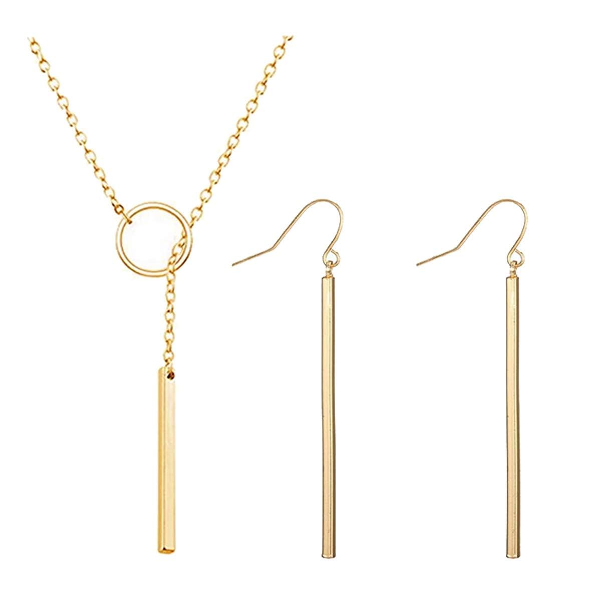 Minimal Dainty Gold Plated Dangle Earrings Layered Bar Pendant Neckalce Gold Long Y-Necklace Gold Earrings and Necklaces Set Delicate Lariat Chain Jewelry for Women