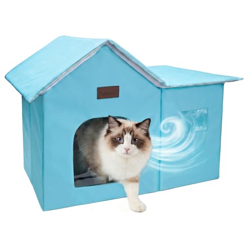 PatiencET Large Cat Cooling House for 2 Small Cats Indoor Cooling Cat House for Summer Blue Cat Hideaway Bed with Side Ice Packs Insulated Foil Lining