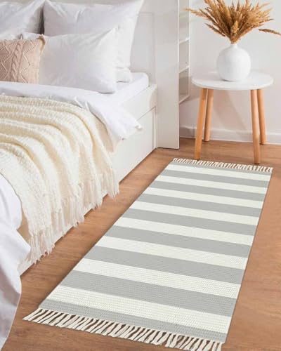 Striped Gray Kitchen Runner Rug 2x6 Bedside Rug with Tassel