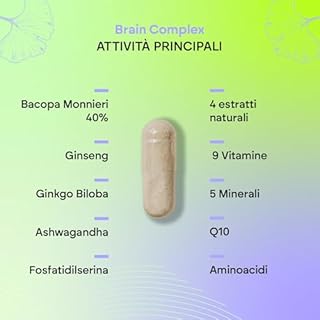 Nootropico Brain Complex - Memoria e Concentrazione - Bacopa Monnieri, Ginkgo Biloba, Colina, Ginseng, L-Tirosina + Vitamines - Brain Complex 60 Capsule Nutralie