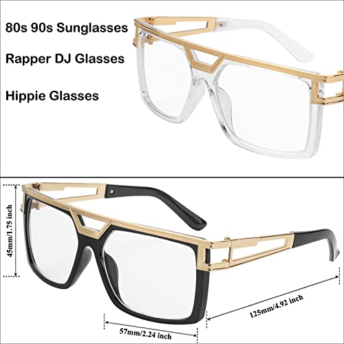 2 Pairs 90s Sunglasses Vintage DJ Rapper Hip Hop Glasses, Classic Oversized Hippie Glasses for 80s Hip Hop Costume, Square Retro Gold Frame2