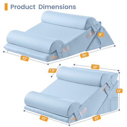 Sasttie Wedge Pillow Set for After Surgery, 4PCS Adjustable Bed Wedge Pillow Headboard with Memory Foam Neck Cushion – for Acid Reflux, Sleeping, Neck & Back Support, Blue