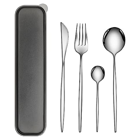 TiLeMiun Travel Utensils with Case Flatware Spoons and Forks Set Portable Silverware Cutlery Modern Utensils Set Stainless Steel Cover