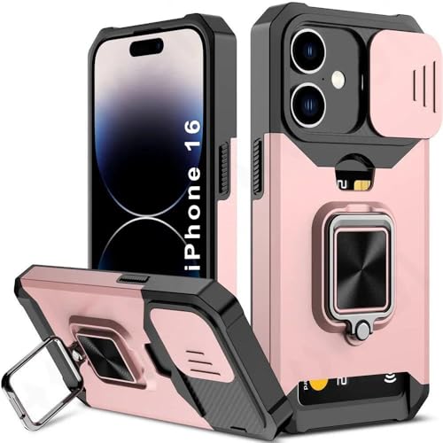 Image of LuxuryKase Shockproof Armor Case for iPhone 16 | Slide Camera Cover | Hidden Card Slot | Rotating Ring Kickstand | Magnetic Car Mount Support | Military Grade Protection - Rose Gold