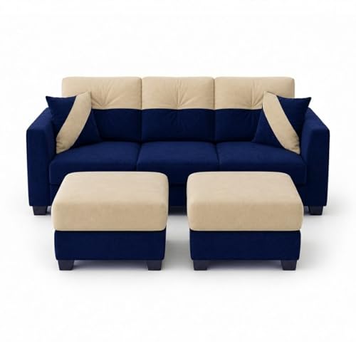 Image of Revola 5 Seater L Shape Sofa Set with 2 Movable Ottomans | Flexible Layout | Luxury Velvet Suede Fabric | Modern Living Room Sofa | Dark Blue-Cream