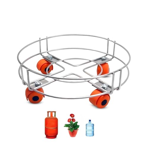 Image of PANCA Gas Cylinder Trolley with Wheels for Kitchen | Stainless Steel LPG Cylinder Stand | Easy Moving Gas Trolley for Home, Water Can & Plant Pots | Heavy Duty