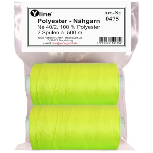 Yline - 1000 m (2 bobinas) hilo de coser para máquina de coser, hilo de poliéster, Syngarn Allesnäher, 0475-11 (neón - amarillo)