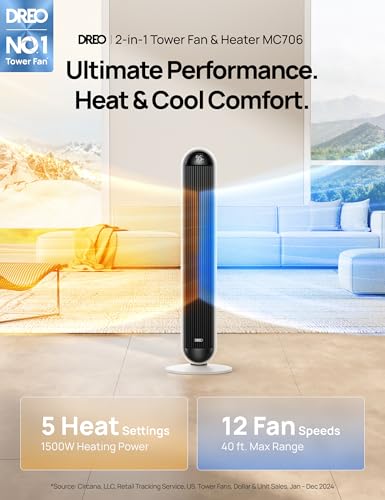 Image of DREO Tower Fan and Heater Combo, 29.2ft /s Standing Fans for Bedroom, 17 Levels, 6 Modes, 120 Oscillation, 42 Inch, 12H Timer, 25dB Quiet, with Remote, for Office, Large Room, White