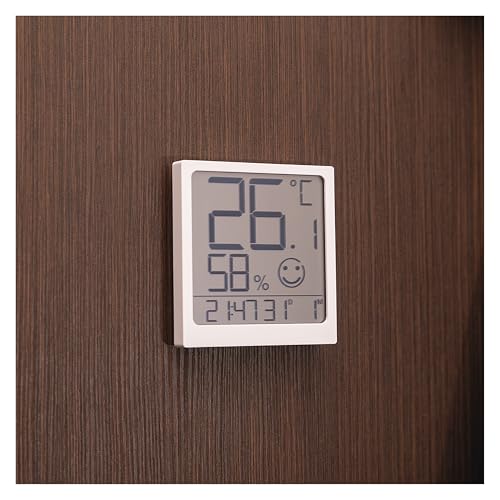 EMOS digitales Raumthermometer und Hygrometer mit Uhr- und Datumanzeige zum Aufstellen/Aufhängen - LCD Display mit Anzeige von schwacher Batterie und Komfortsymbol - für Innen - inkl. Batterie - weiß