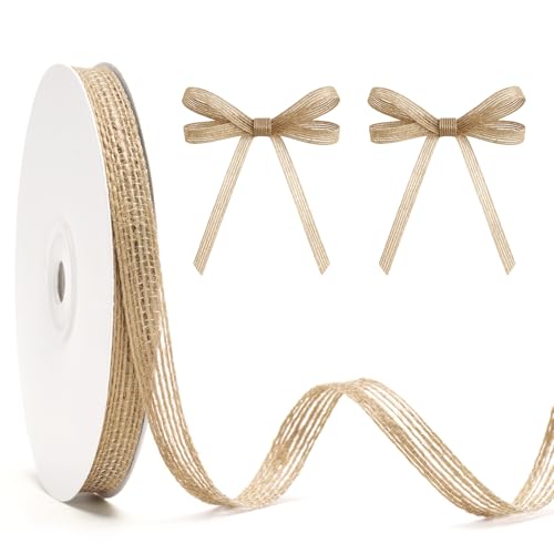 KINGLAKE Natural Jute Thin Burlap Ribbon 3/8 Inch x 20 Yards Rustic Ribbon Roll with Spool for Crafts Gift Wrapping Wreaths Wedding Christmas and Rustic DIY Decorations