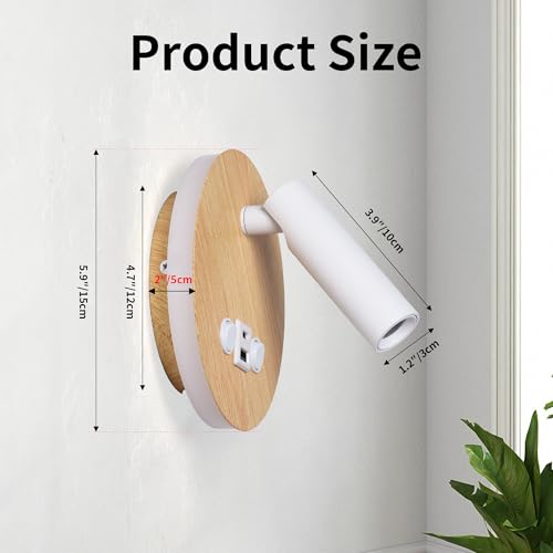 Image of Modern Multi-Purpose Wall Sconces,5.9 inch Wood Grain Hardwired Wall Light Fixture with USB /Type-C Charging Port for Bedroom /Stdudy, Rotatable Spotlight Reading Light & Ambient Nightlight 2 in 1 Design