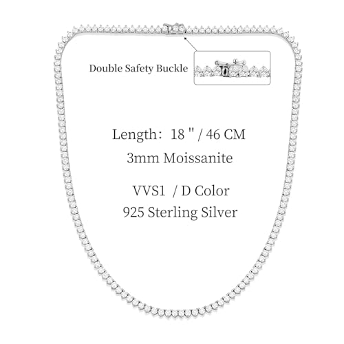 Moissanite Tennis Necklace Chain for Women: 3MM Sterling Silver VVS1 D Color 14k White Gold Plated Choker - Elegant Lab Diamond Anniversary Jewelry for Wife Mom3