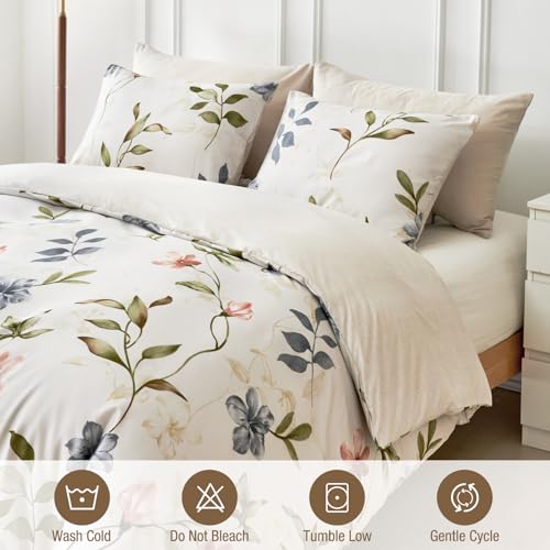 Image of Lekesky Boho Duvet Cover Queen Size, Queen Comforter Cover White Floral Printed Duvet Cover Set, 3 Pieces Soft Microfiber Bedding Set with Zipper and 2 Pillowcases (Queen, 90 inchx90 inch)