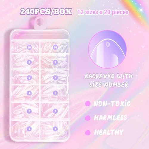 krofaue 240Pcs Almond Kids Nail Tips - 12 Sizes Soft Gel Extra Short Press on Nails for Children Girls Clear Almond Fake Nails for DIY Manicure