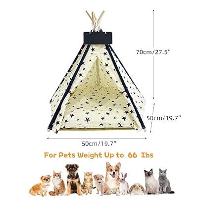 Pet Tent/Tipi for Cats & Dogs - Washable Canvas, Foldable Pet Teepee with Anti-Slip Base & Detachable Cushion | Indoor/Outdoor Safe Shelter for Pets Up to 66lbs-Beige-M