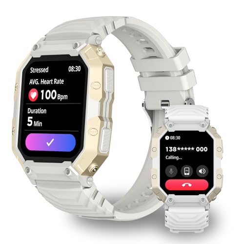 PEJE Smartwatch militar masculino com tela de 1,83 polegada, suporte a chamadas telefônicas, monitoramento de condicionamento físico, cardíaca e sono, compatível com iOS/Android.(Branco)