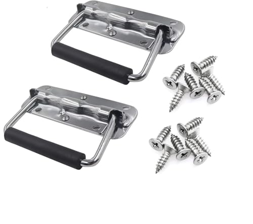 2 manijas con resorte, acero inoxidable 304 para montaje en superficie, manija de caja cargada para caja de herramientas, caja de herramientas con agarre de goma y tornillos (plata, 140 mm)