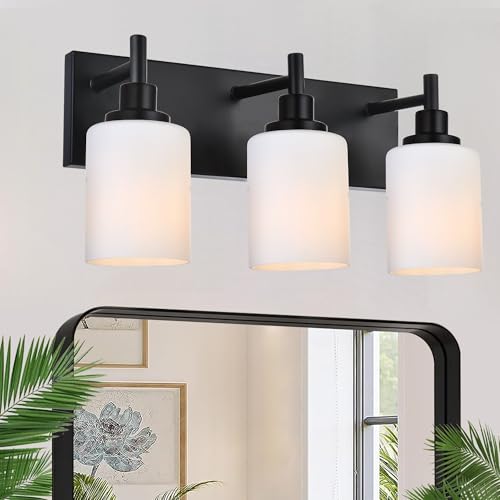 Image of MELUCEE 3-Light Black Bathroom Light Fixtures, Modern Vanity Light Over Mirror Wall Sconces with Milky White Frosted Glass Shades, Suit for Bathroom Dressing Room Laundry Room Kitchen, E26 Socket