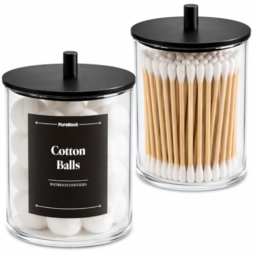 Glass Qtip Holder Dispenser Set - 15oz & 10oz Cotton Swab Holder with Black Wooden Lids, Apothecary Jar Bathroom Storage Canisters for Cotton Balls, Floss Picks, Vanity Organizer Container (2 Pack)