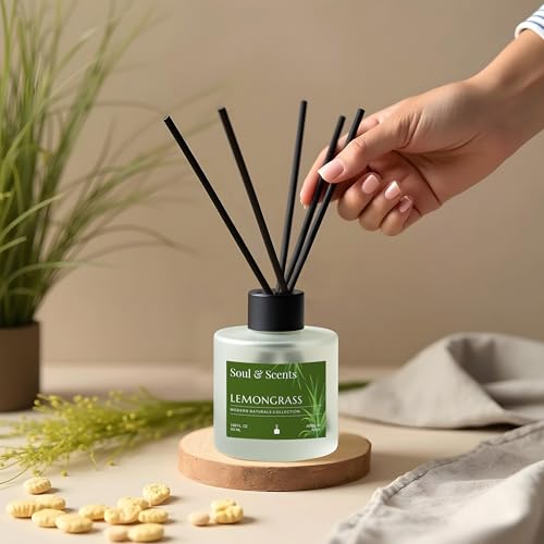 Image of Soul & Scents 50ml Lemongrass Reed Diffuser Set | A Fusion of Zesty Lemon & Lemongrass | Get 5 Rattan Reed Sticks | Smoke Less Room Freshener for Home, Bedroom, Living Room & Office