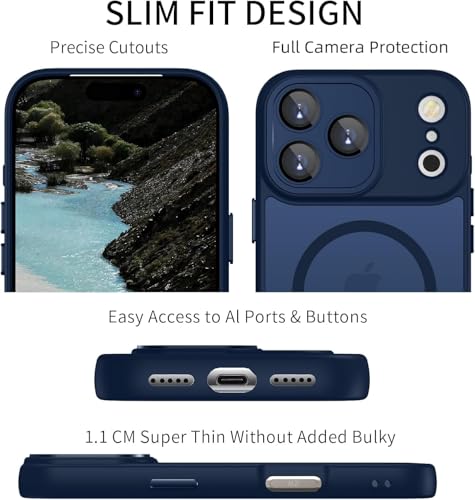 Image of Elzzi Magnetic Magsafe for iPhone 17 Pro Max Case (Compatible with MagSafe) Slim Translucent Matte Shockproof with Anti-Fingerprint Phone Case - Navy Blue