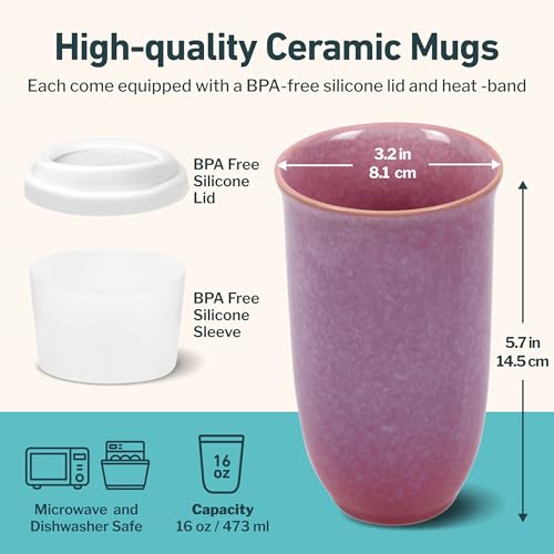 Image of NOVA CERAMICS Coffee Travel Mug - Cup Holder Friendly Travel Mug- Microwave & Dishwasher Safe White & Purple Tumbler - Coffee Mug Fits In Cup Holder - 16oz - Astral Bloom