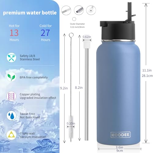 Image of koodee Water Bottle with Straw 32 oz Stainless Steel Double Wall Vacuum Insulated Wide Mouth Water Flask-Reusable Metal Sports Water Bottle for Men (Royal Blue)