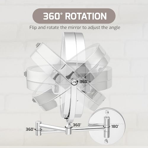 Image of OVENTE 9 inch Wall Mounted Lighted Makeup Mirror, Polished Chrome MFW85CH1X10X | Cordless Double Sided 1X /10X Magnifying Mirror for Bathroom with LED Lights, 360 Rotation, Extendable Arm, Battery Operated