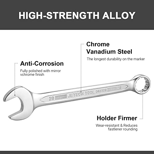 Image of Jetech 28mm Combination Wrench - Industrial Grade, Chrome Vanadium Steel, Sand Blasted Finish, Precision-Machined 12-Point Opening, Off-Corners Design, 15-Degree Offset