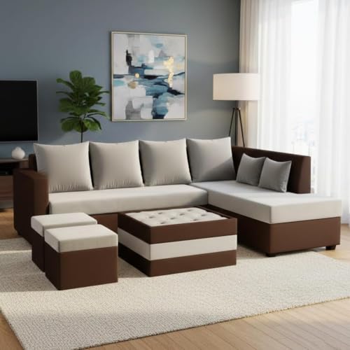 Image of CASASTYLE Stylify 8 Seater Fabric RHS L Shape Sofa Set with 1 Centre Table & 2 Ottoman (Light Grey-Dark Brown) 8 Person Seating with Premium Velvet Finish | Ideal for Living Room