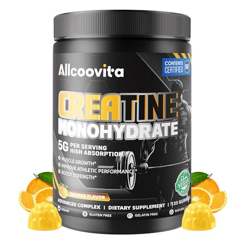 Image of Allcoovita Creatine Monohydrate Gummies for Men & Women. Boost Focus,Strength, and Endurance, Anti-Melting Formula, Vegan, Gluten-Free, Non-GMO,(Orange135 ct)