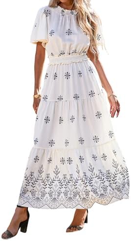 KIRUNDO Maxi Dresses for Women 2025 Floral Short Sleeve Spring Summer Smocked Waist Round Neck Flowy Beach Vacation Dress